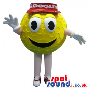 Funny Yellow Golf Ball Mascot With Hat And Text - Custom Mascots