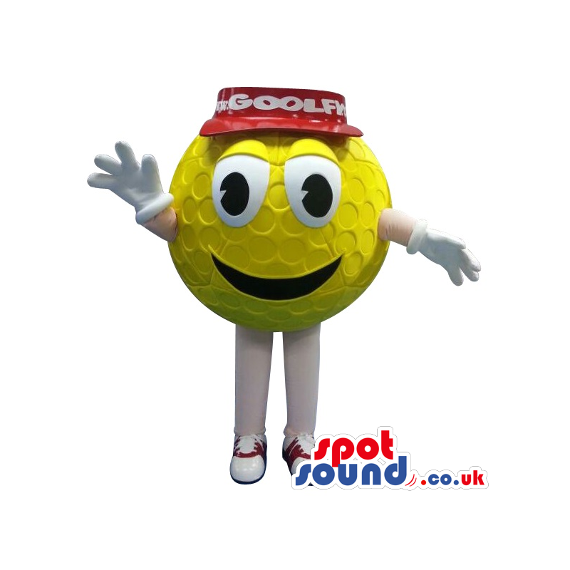 Funny Yellow Golf Ball Mascot With Hat And Text - Custom Mascots