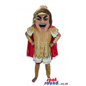 Angry Roman soldier mascot with golden helmet and red cape -