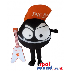 Black Round Mascot With Big Eyes Wearing A Cap With A Guitar -