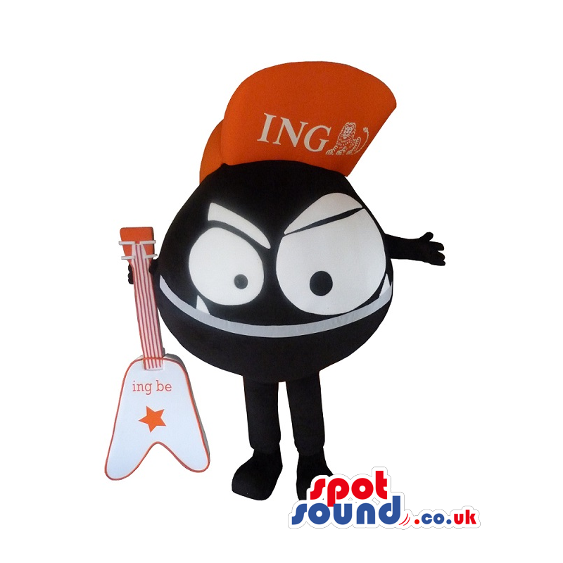 Black Round Mascot With Big Eyes Wearing A Cap With A Guitar -