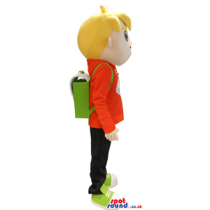 Blond Boy Mascot Wearing An Orange Sweater And Backpack -