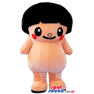 Funny Cartoon Girl Mascot With Black Hair And Red Cheeks -