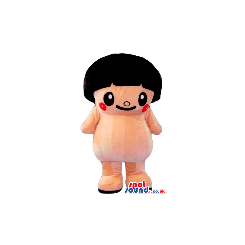 Funny Cartoon Girl Mascot With Black Hair And Red Cheeks -