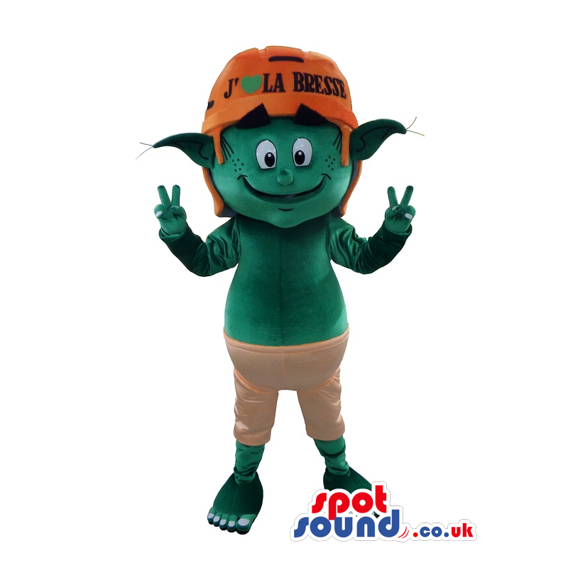 Green Plush Dwarf Wearing An Orange Hat With Text - Custom