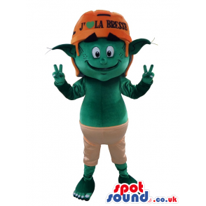 Green Plush Dwarf Wearing An Orange Hat With Text - Custom