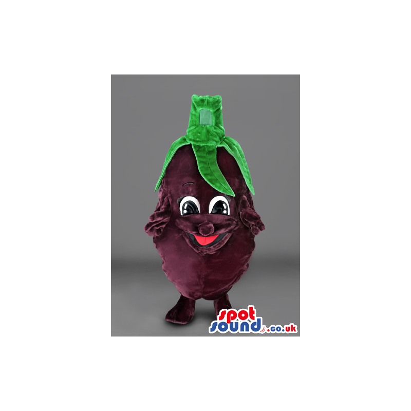 Overjoyed eggplant mascot with green stem at the top - Custom