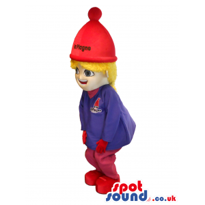 Blond Boy Mascot Wearing A Blue Shirt And A Red Hat - Custom