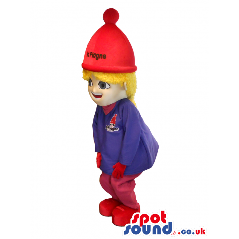 Blond Boy Mascot Wearing A Blue Shirt And A Red Hat - Custom