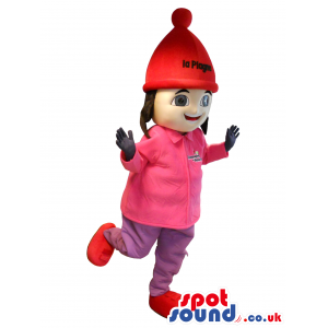 Girl Mascot Wearing A Red Winter Hat And Pink Shirt - Custom