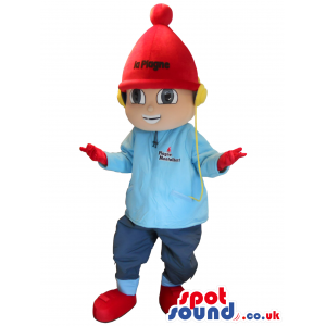 Boy Mascot Wearing A Red Winter Hat And Blue Sweater - Custom