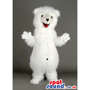 Cheerful white fluffy dog mascot with black eyes and belly