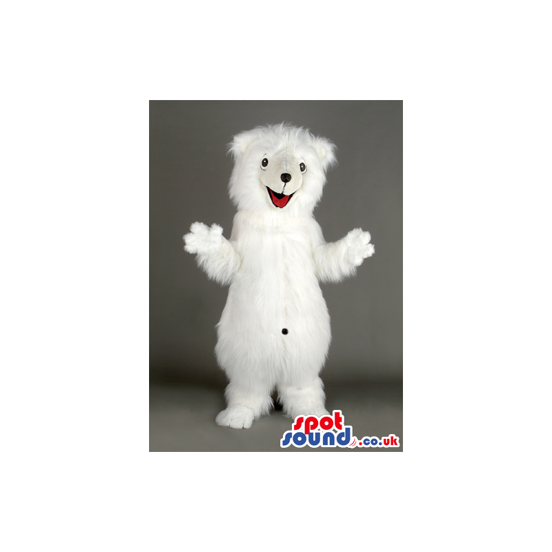 Cheerful white fluffy dog mascot with black eyes and belly