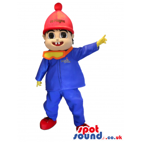 Boy Mascot Wearing A Blue Track Suit And A Red Hat - Custom
