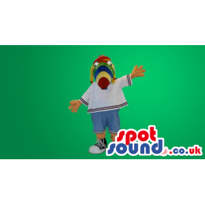 Great Bird Mascot With Colourful Nose Wearing A White T-Shirt -
