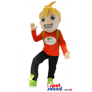 Funny Blond Boy Mascot Wearing A Red T-Shirt And Trousers -