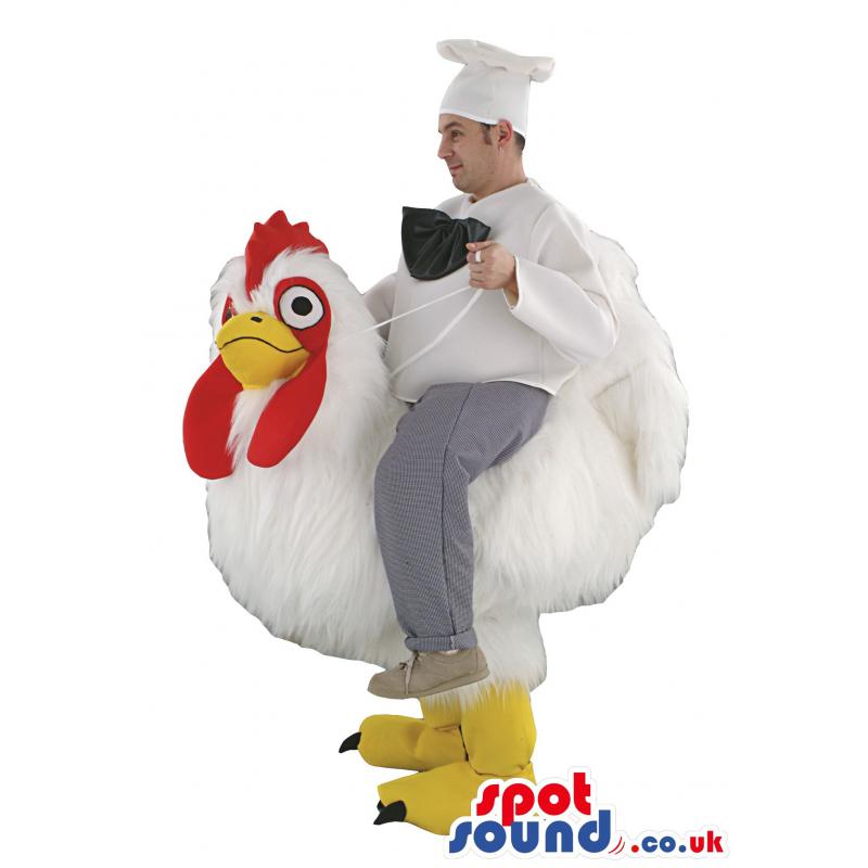 Riding rooster mascot in red comb and in yellow socks - Custom