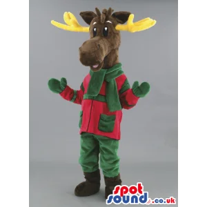 Reindeer mascot with red and green outfit and yellow antlers -