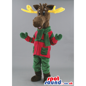 Reindeer mascot with red and green outfit and yellow antlers -