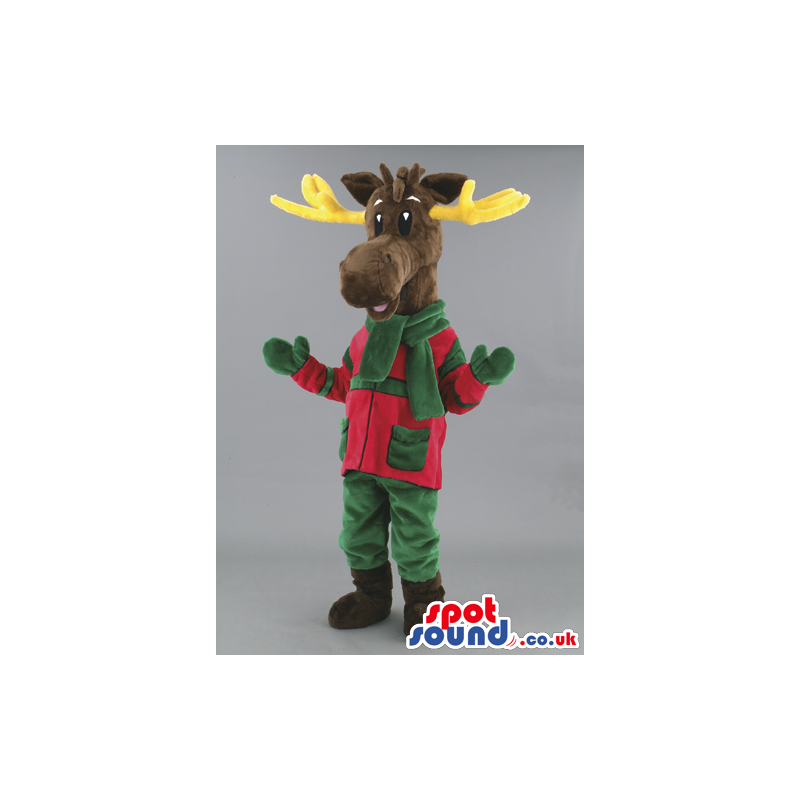 Reindeer mascot with red and green outfit and yellow antlers -
