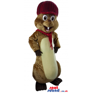 Brown And Beige Beaver Plush Mascot Wearing A Hat - Custom