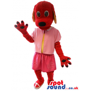 Red Plush Dog Mascot Wearing A Pink Dress - Custom Mascots