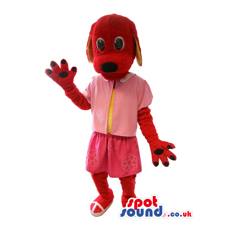 Red Plush Dog Mascot Wearing A Pink Dress - Custom Mascots