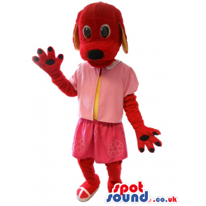 Red Plush Dog Mascot Wearing A Pink Dress - Custom Mascots
