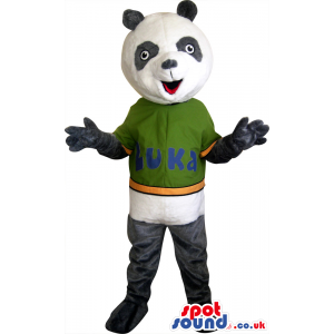 Funny Panda Bear Mascot Wearing A Green T-Shirt - Custom Mascots