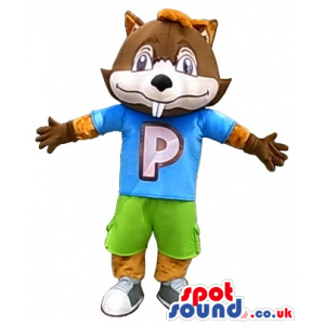 Funny Brown Chipmunk Mascot Wearing Sports Clothes With A