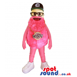 Daddy Pink Mascot With Beard, Glasses And A Cap - Custom Mascots
