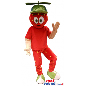 Strawberry Mascot With Red T-Shirt And Helicopter Cap - Custom