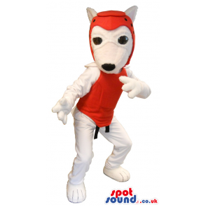 White Dog Plush Mascot Wearing Fighter Gear - Custom Mascots