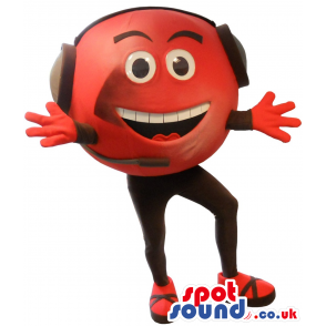 Red Ball Mascot With Black Head Phones And Microphone - Custom