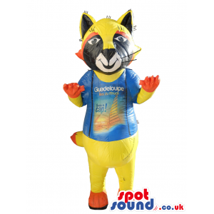 Yellow And Black Cat Mascot Wearing A Blue T-Shirt - Custom