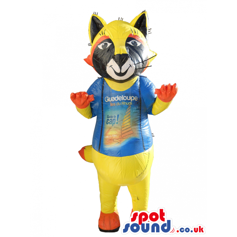 Yellow And Black Cat Mascot Wearing A Blue T-Shirt - Custom