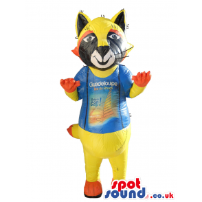 Yellow And Black Cat Mascot Wearing A Blue T-Shirt - Custom