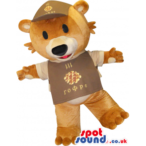 Cute Brown Teddy Bear Mascot With A Cap And Shirt - Custom