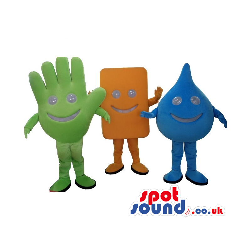 Three Mascots: Hand, Rectangle And Drop - Custom Mascots