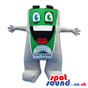 Green And White Funny Device Mascot With Brand Name - Custom