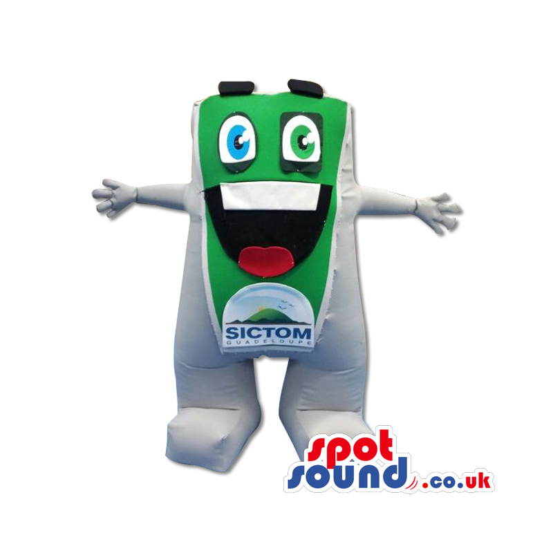 Green And White Funny Device Mascot With Brand Name - Custom