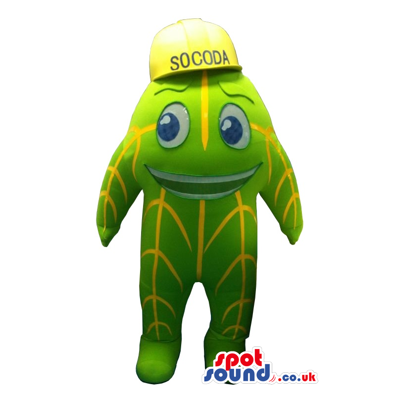 Green Cactus Mascot With A Yellow Cap - Custom Mascots