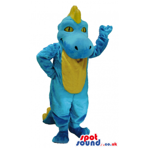 Standing blue dragon mascot with yellow spines amd underbelly -