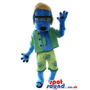 Blue Dog Plush Mascot Wearing Surfer Summer Clothes - Custom