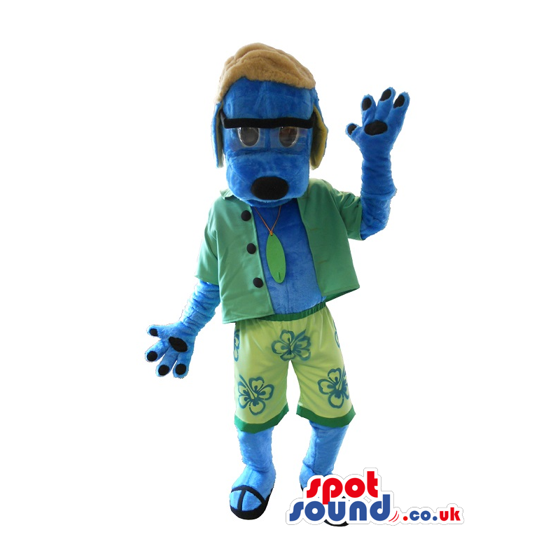 Blue Dog Plush Mascot Wearing Surfer Summer Clothes - Custom