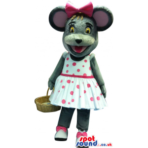 Grey Girl Mouse Plush Mascot With A Dress And Basket - Custom