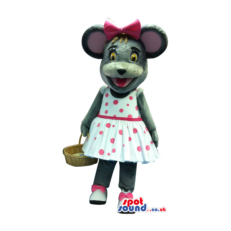 Grey Girl Mouse Plush Mascot With A Dress And Basket - Custom