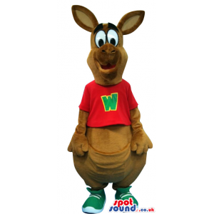 Brown Kangaroo Plush Mascot With A Red T-Shirt - Custom Mascots