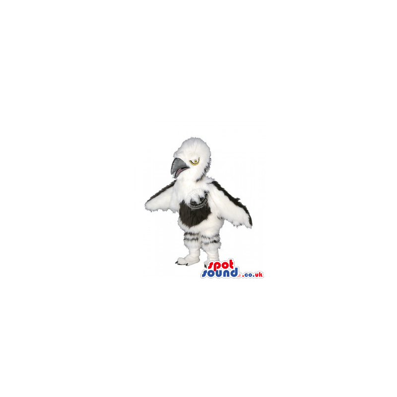 White Hairy Bird Mascot With Black Tummy - Custom Mascots