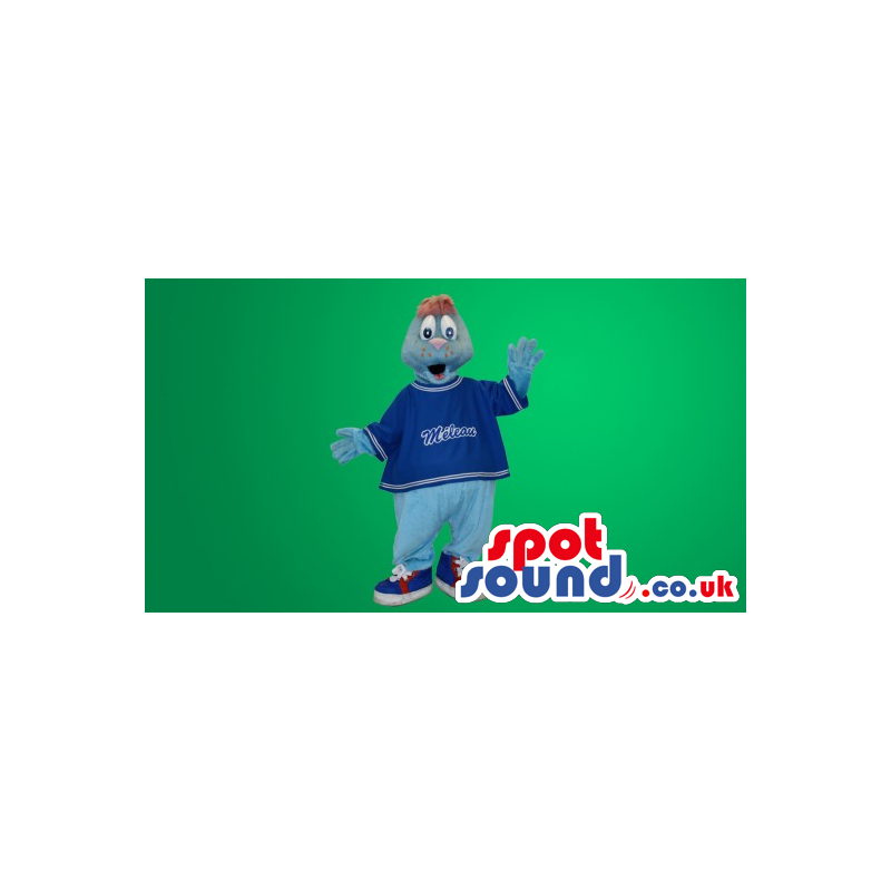 Blue And Grey Seal Plush Mascot With Blue Shirt - Custom Mascots